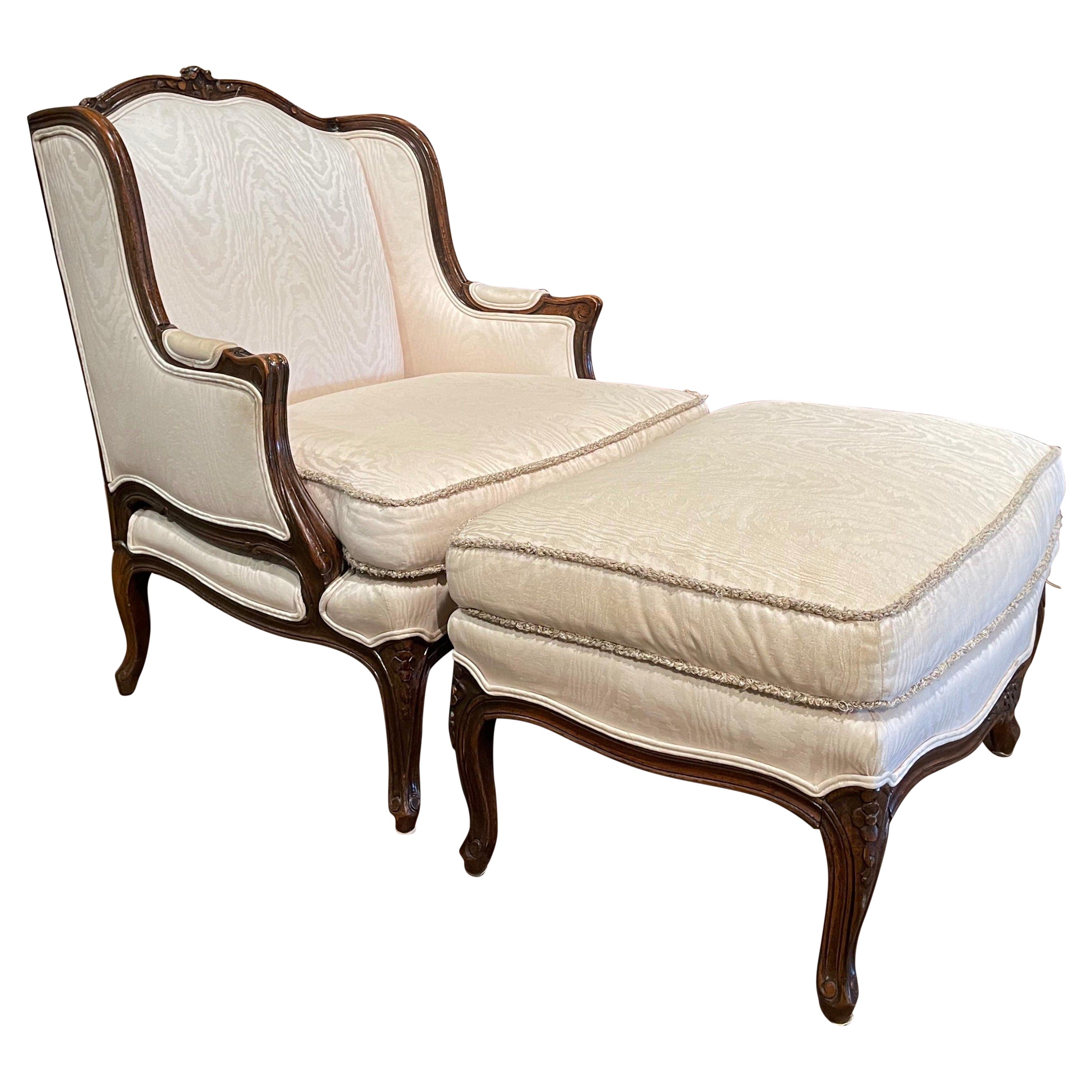Mid-Century French Louis XV Carved Walnut Armchair with Matching Ottoman