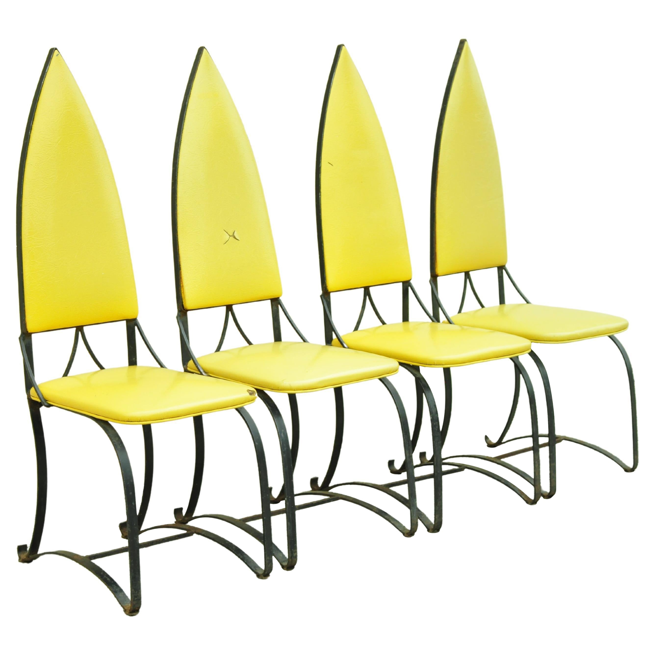 Vintage Mid Century Italian Wrought Iron Pyramid Back Dining Chairs, Set of 4