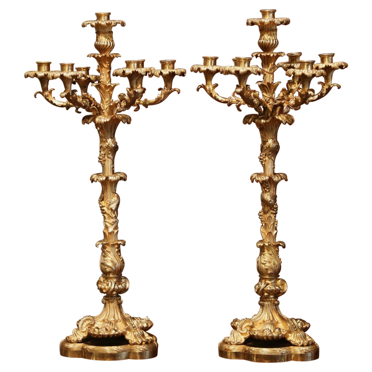 Pair of 19th Century French Louis XV Bronze Dore Seven-Light Candelabras