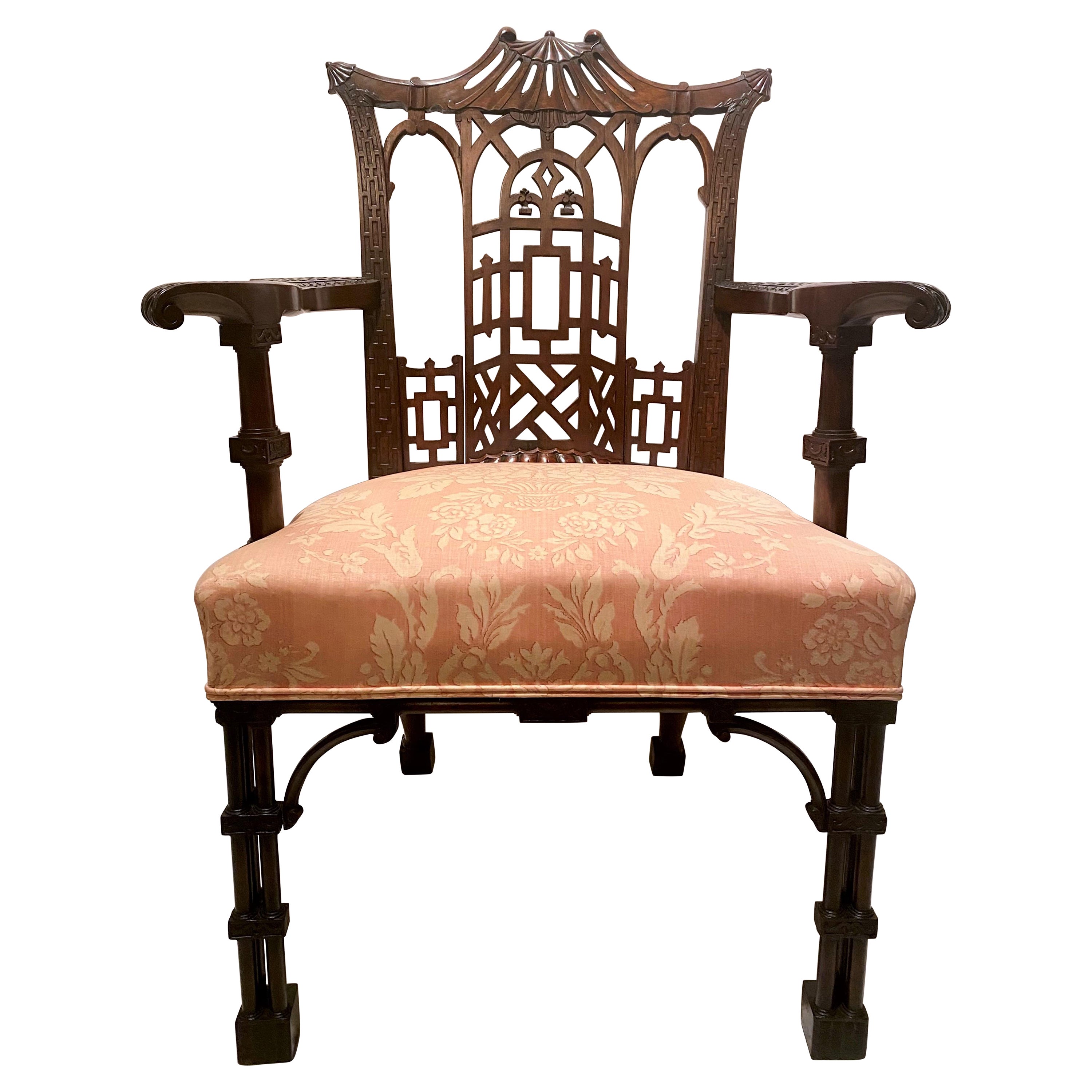 Antique English Chippendale Mahogany Fretwork Armchair, Circa 1850-1870 For Sale