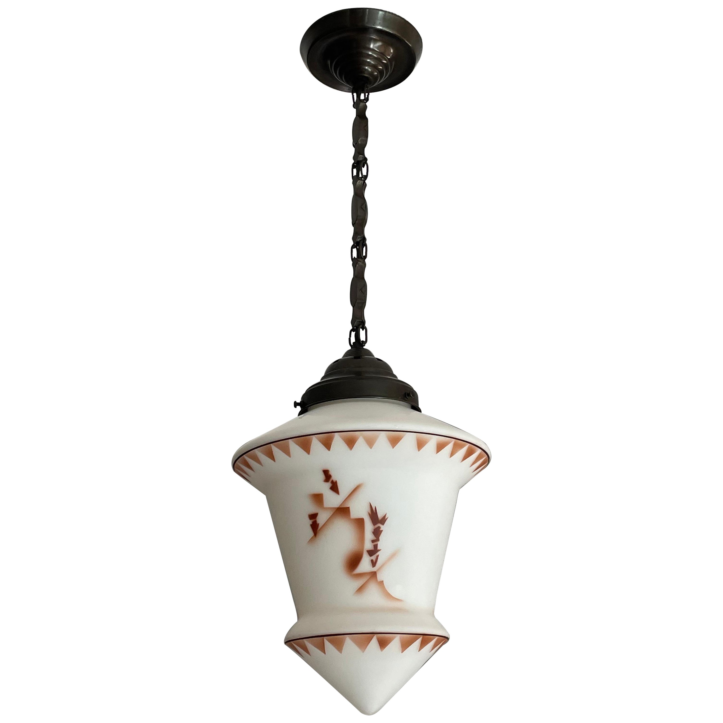 Art Deco Asian Style Lantern Pendant with Stylized Trees Graphics & Brass Canopy For Sale