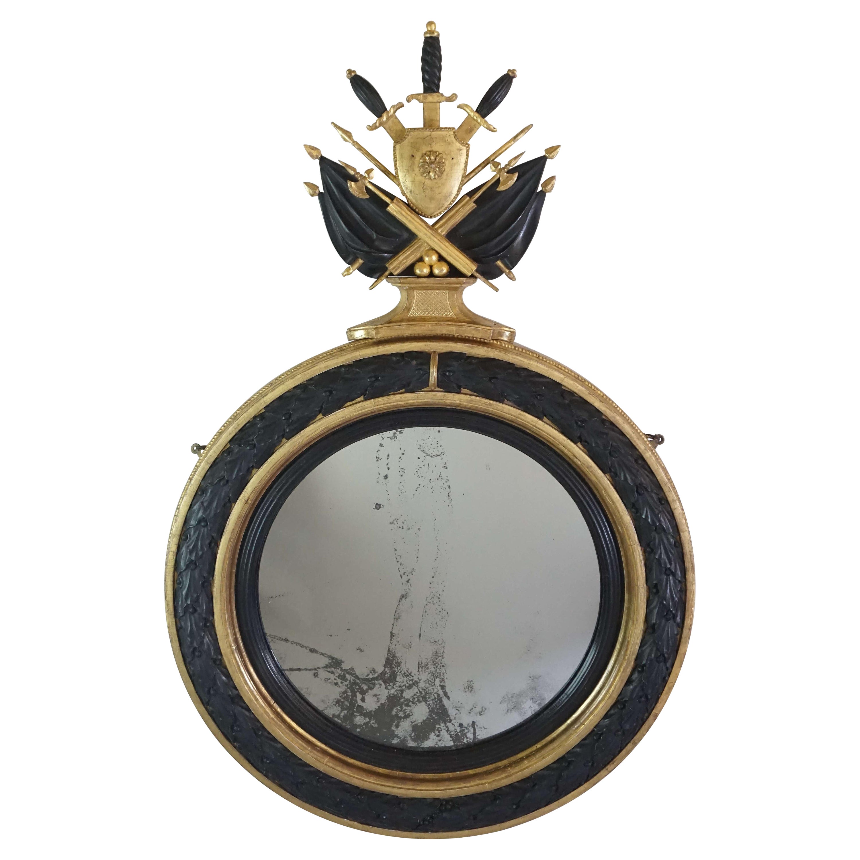 Neoclassical Regency Giltwood and Ebonized Convex Mirror, Signed and Dated 1813 For Sale