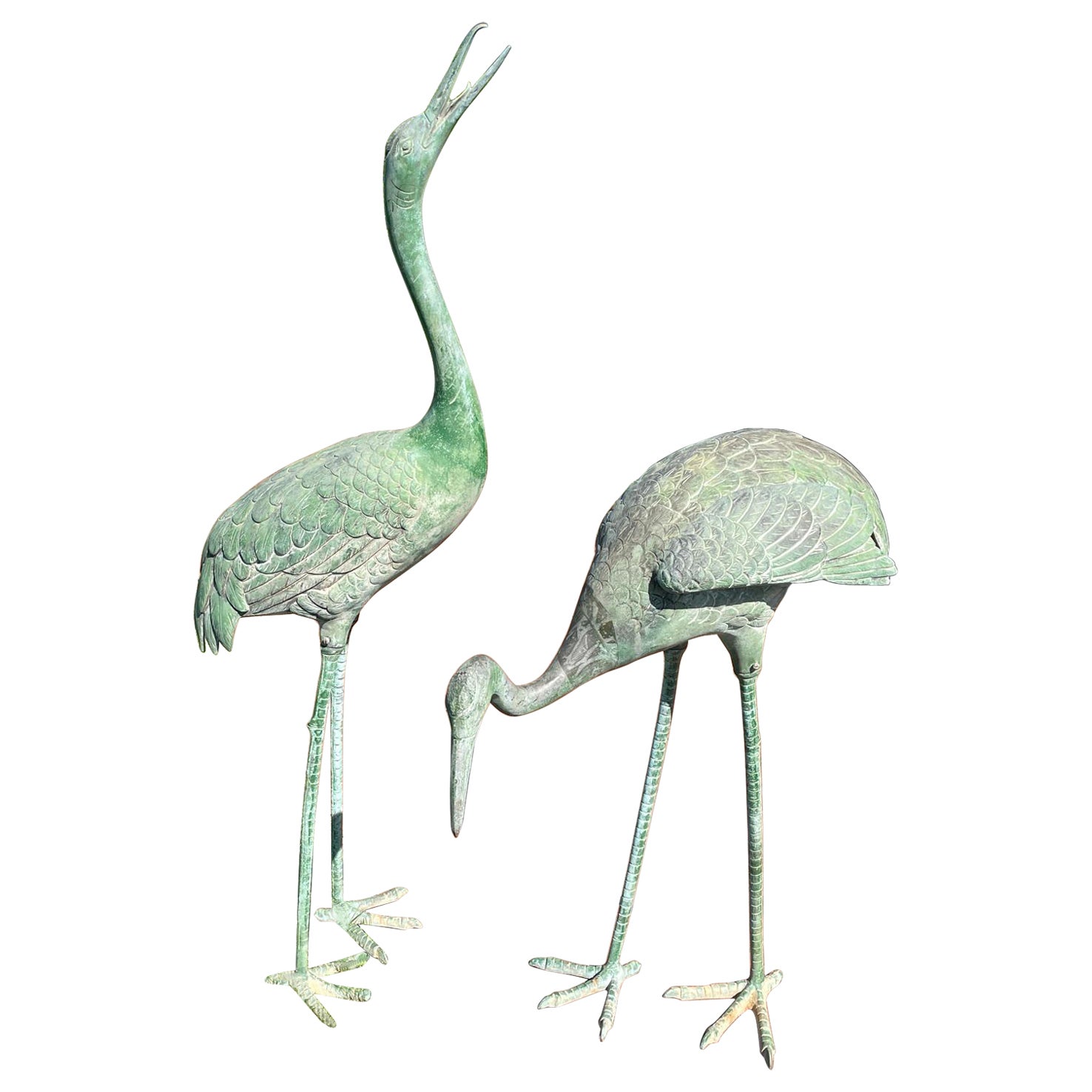 Japanese Pair Old Bronze Hand Cast Garden Cranes