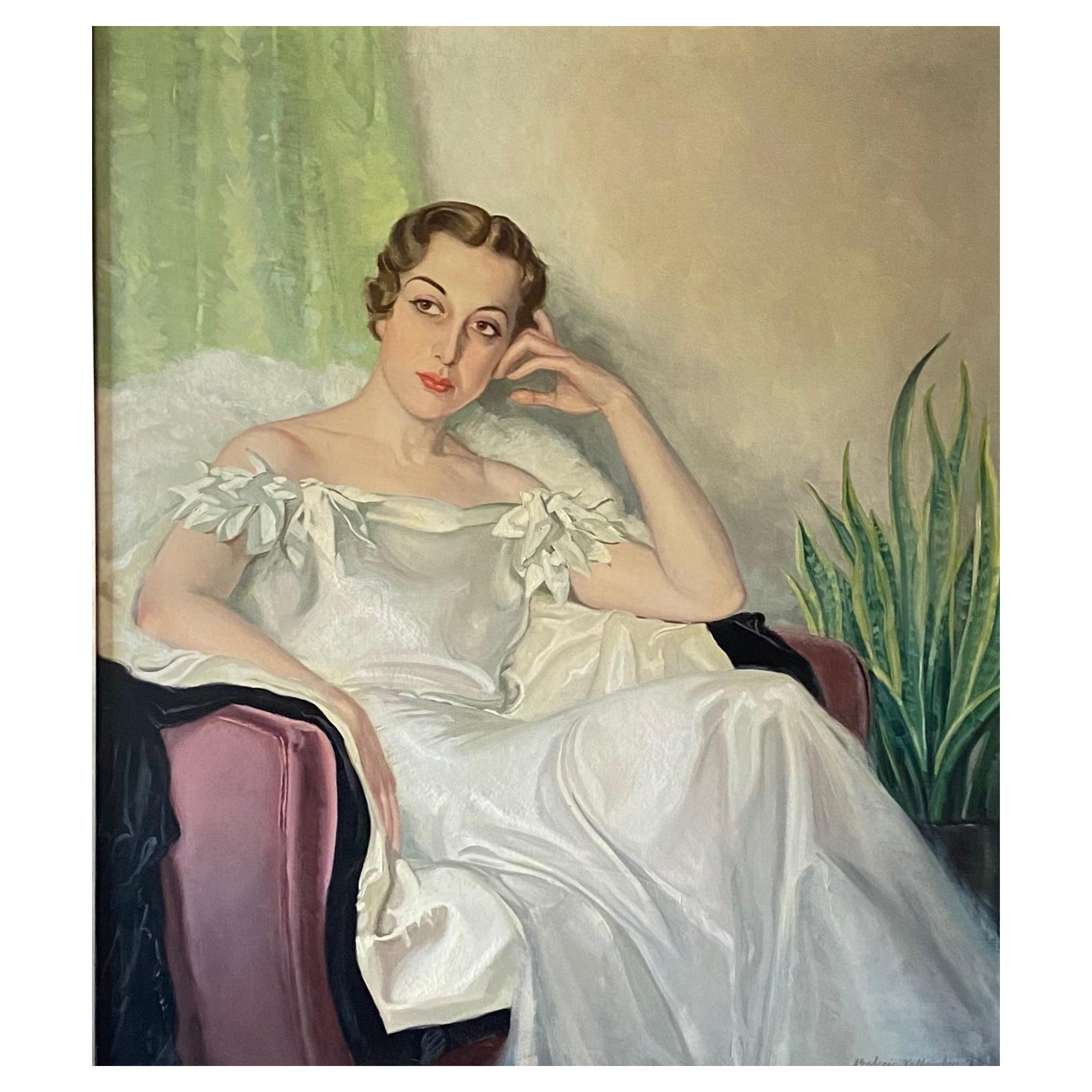 Large Art Deco Period Portrait Painting of an Elegant Young Woman, 1937