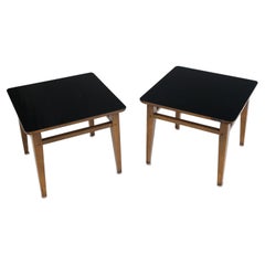 Pair of Mid-Century Modern Black Laminate Top Walnut End Tables Stands