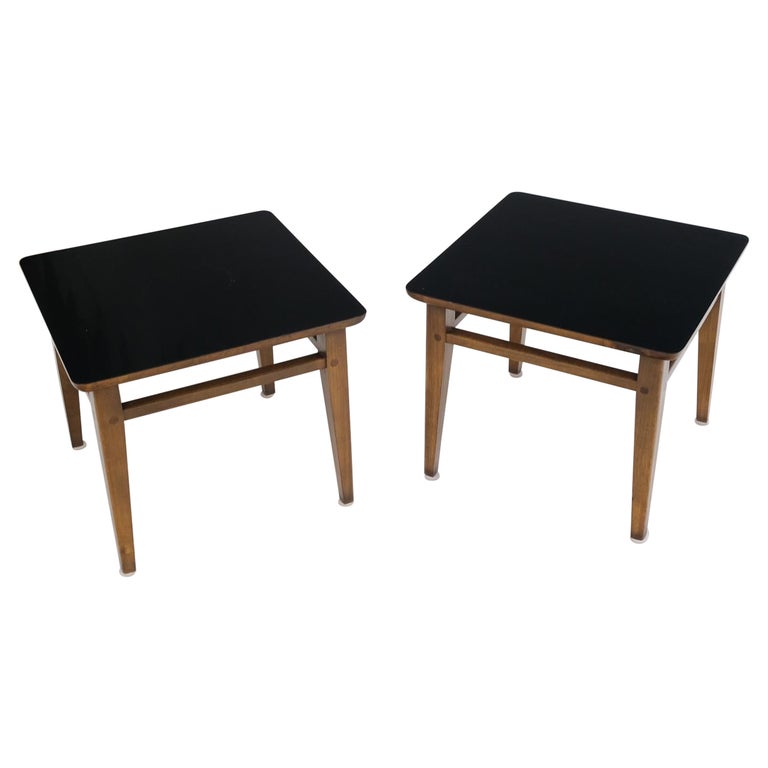 Pair of MidCentury Modern Black Laminate Top Walnut End Tables Stands
