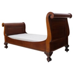 Carved Ball & Claw Rope Edge Mahogany Sleigh Twin Size Bed