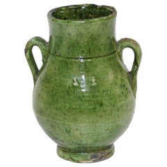 Vintage Moroccan Tribal Green Glazed Terracotta Ceramic Jar