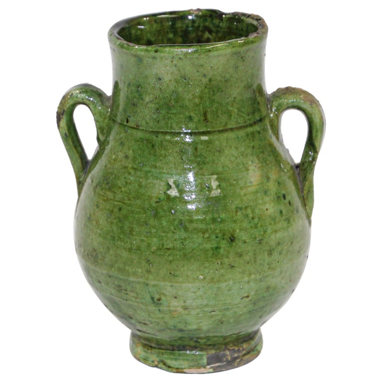 Moroccan Tribal Green Glazed Terracotta Ceramic Jar For Sale