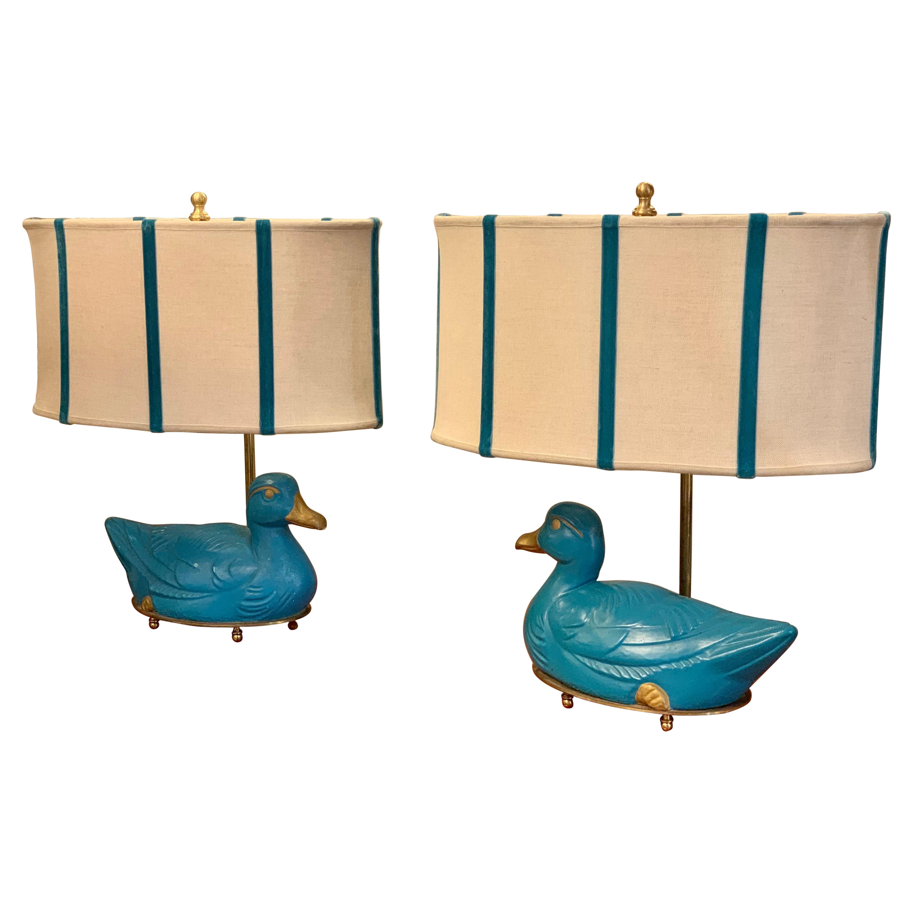 Pair of Turquoise Bronze Table Lamps in the Shape of a Duck with Our Lampshades