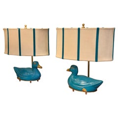 Pair of Turquoise Bronze Table Lamps in the Shape of a Duck with Our Lampshades