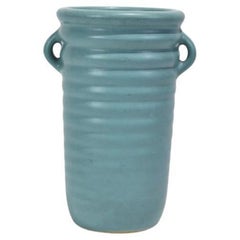 Aqua Ribbed Ceramic Vase with Two Small Handles