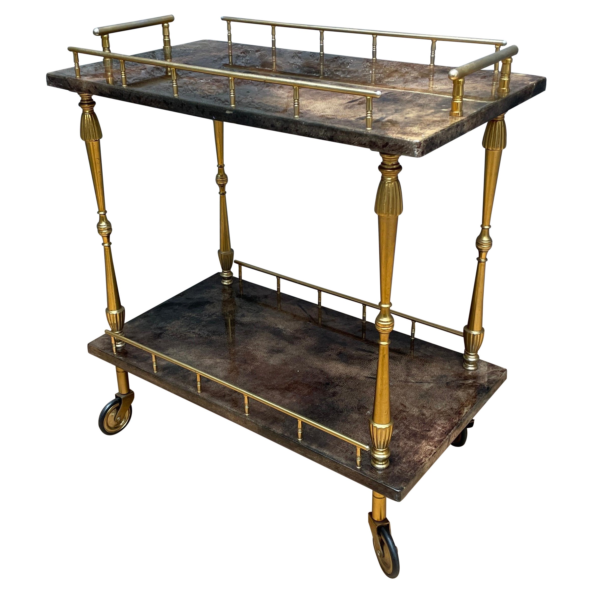 Petit Lacquered Goatskin and Brass Serving Table/Bar Cart by Aldo Tura