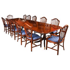 Vintage 3 Pillar Dining Table by William Tillman & 12 Hepplewhite Chairs 20th C