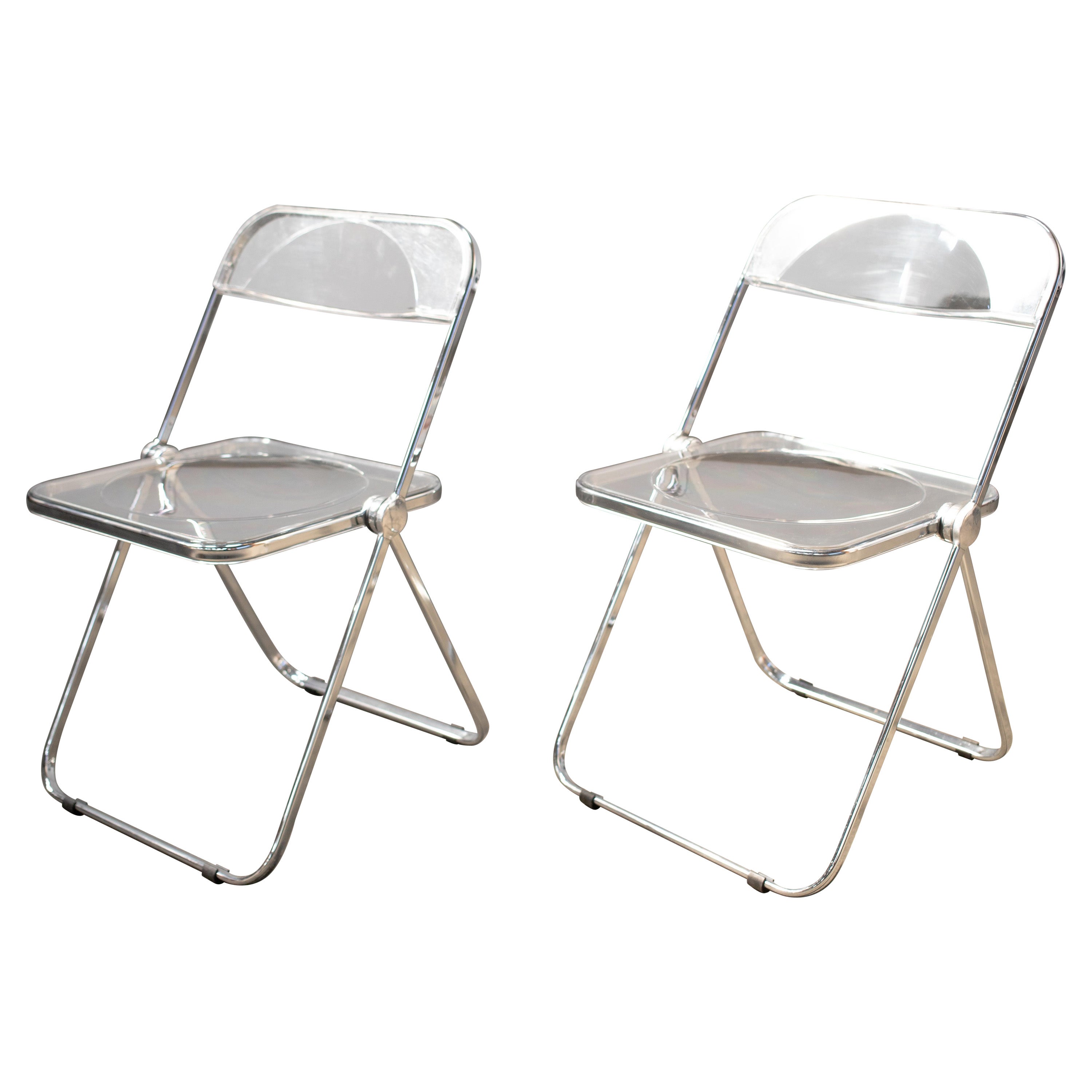 1970s Folding Clear Lucite "Plia" Chair by Piretti for Castelli, Italy, a Pair