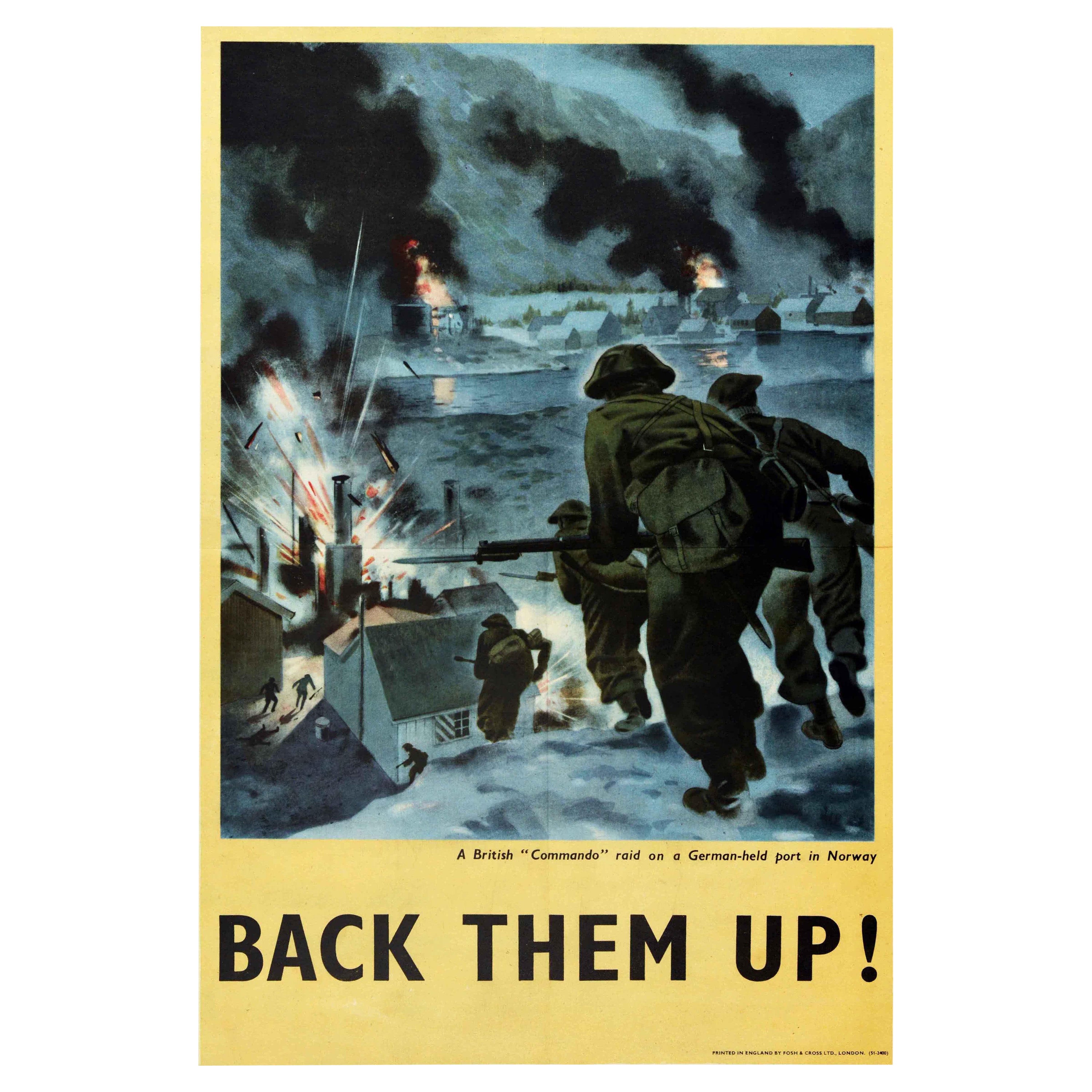 Affiche de guerre vintage d'origine Back Them Up de la Seconde Guerre mondiale - Commando Raid Norway Port