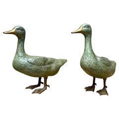 Pair of Brass Verdigris Patinated Ducks