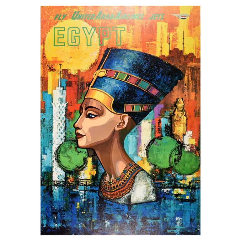 Original Vintage Travel Poster Fly United Arab Airlines Jets Egypt Nefertiti Art For Sale