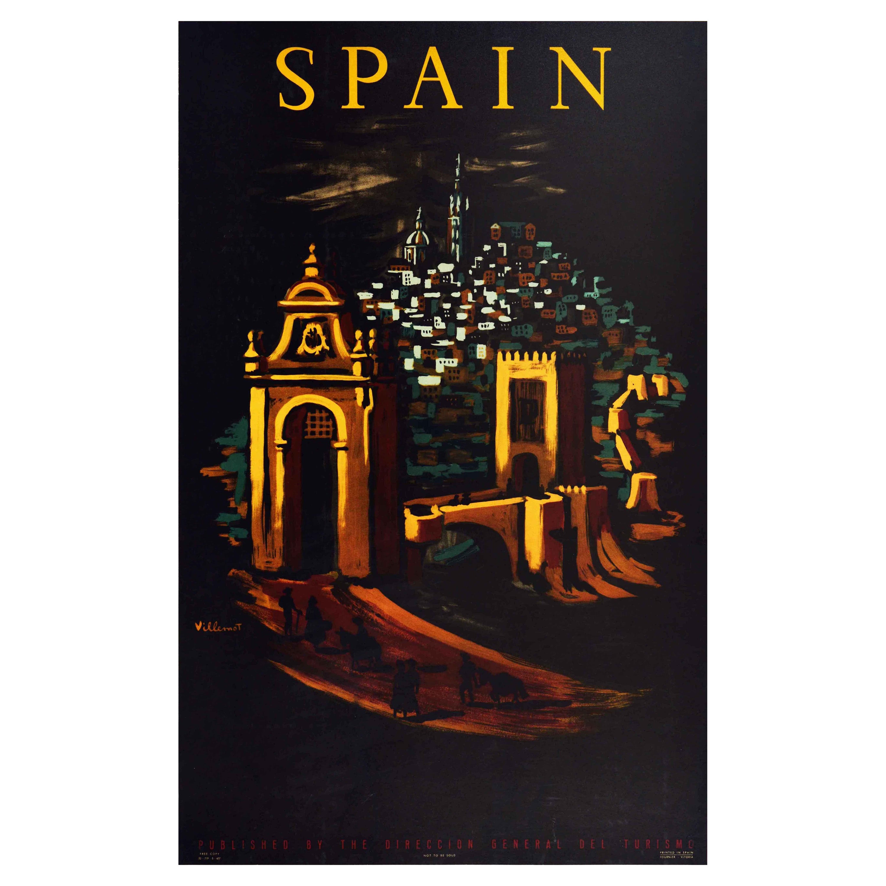 Original Vintage Travel Poster For Spain Ft. Walled City Gate Night View Artwork