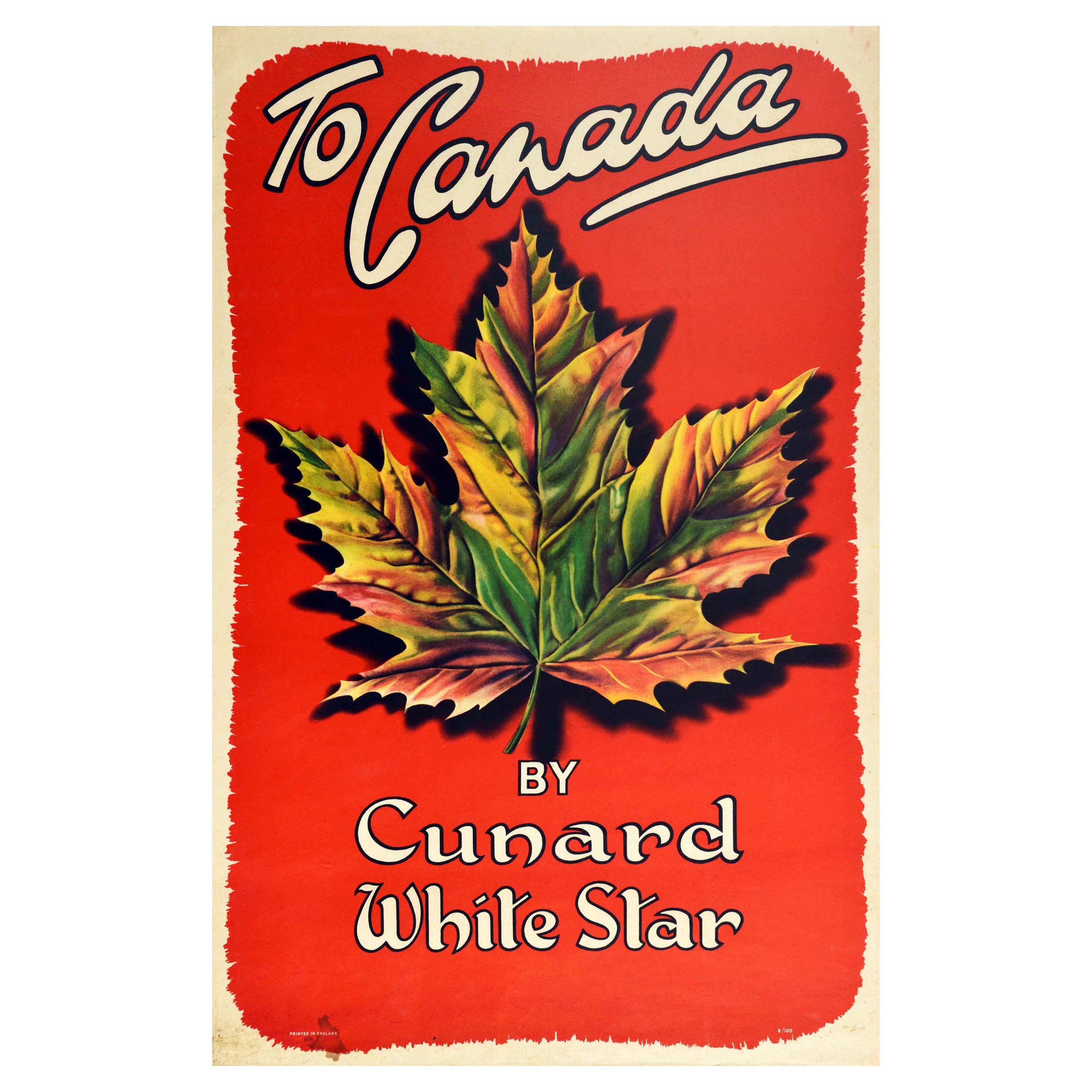 Original Vintage Travel Poster To Canada By Cunard White Star Maple Leaf Design