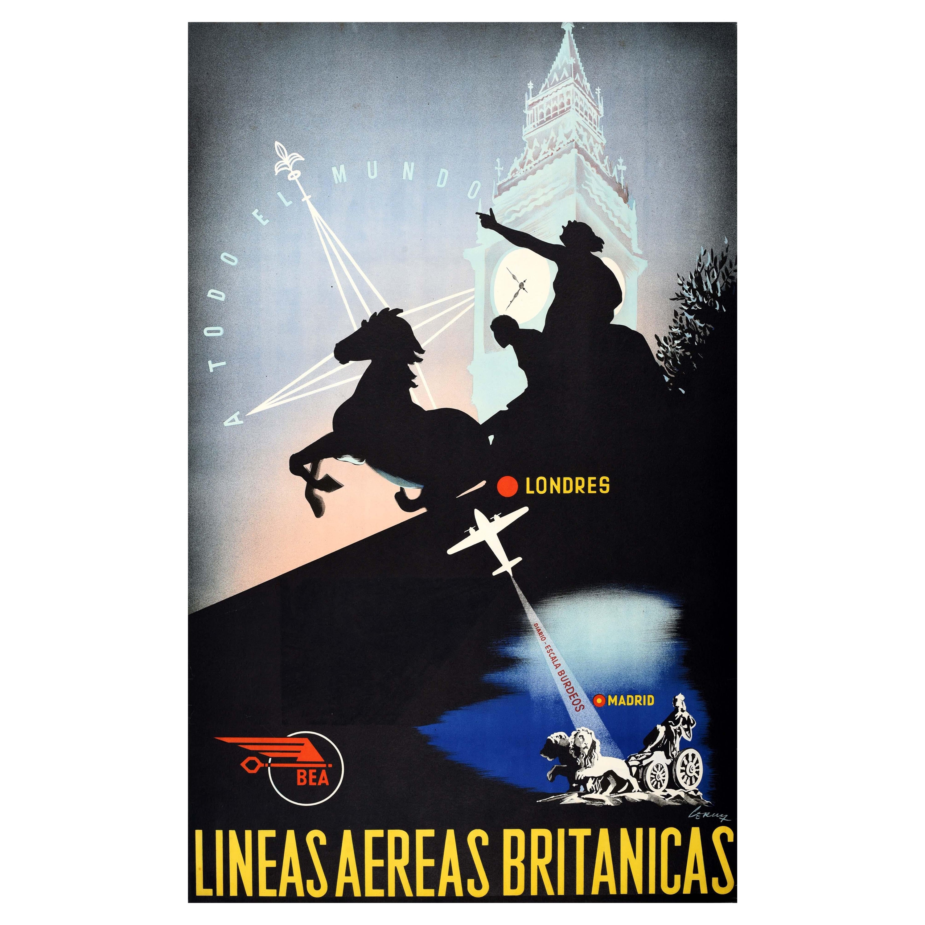 Original Vintage Airline Travel Poster Madrid To London BEA To The Whole World For Sale