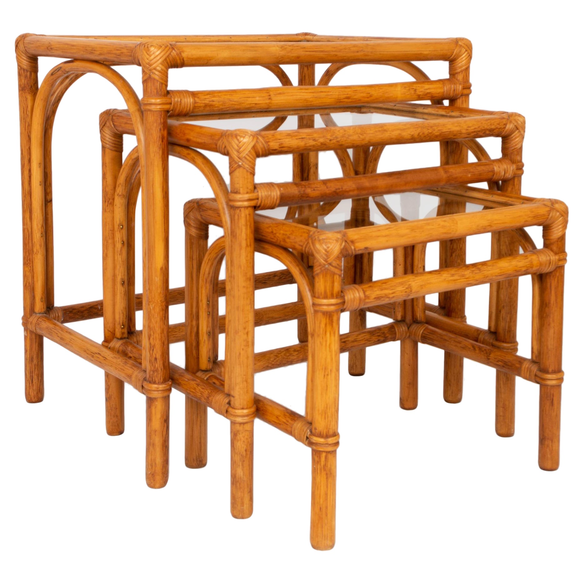 Mid Century Bamboo and Rattan Nesting Tables Side End Tables, Italy, C.1960