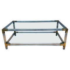 French Two Tiered Lucite and Brass Coffee Table
