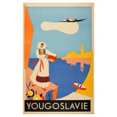 Original Vintage Poster Yougoslavie Yugoslavia Travel Plane Sea Flowers Design