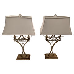 Beautiful Pair of Antiqued Silver Leaf and Crystal Table Lamps