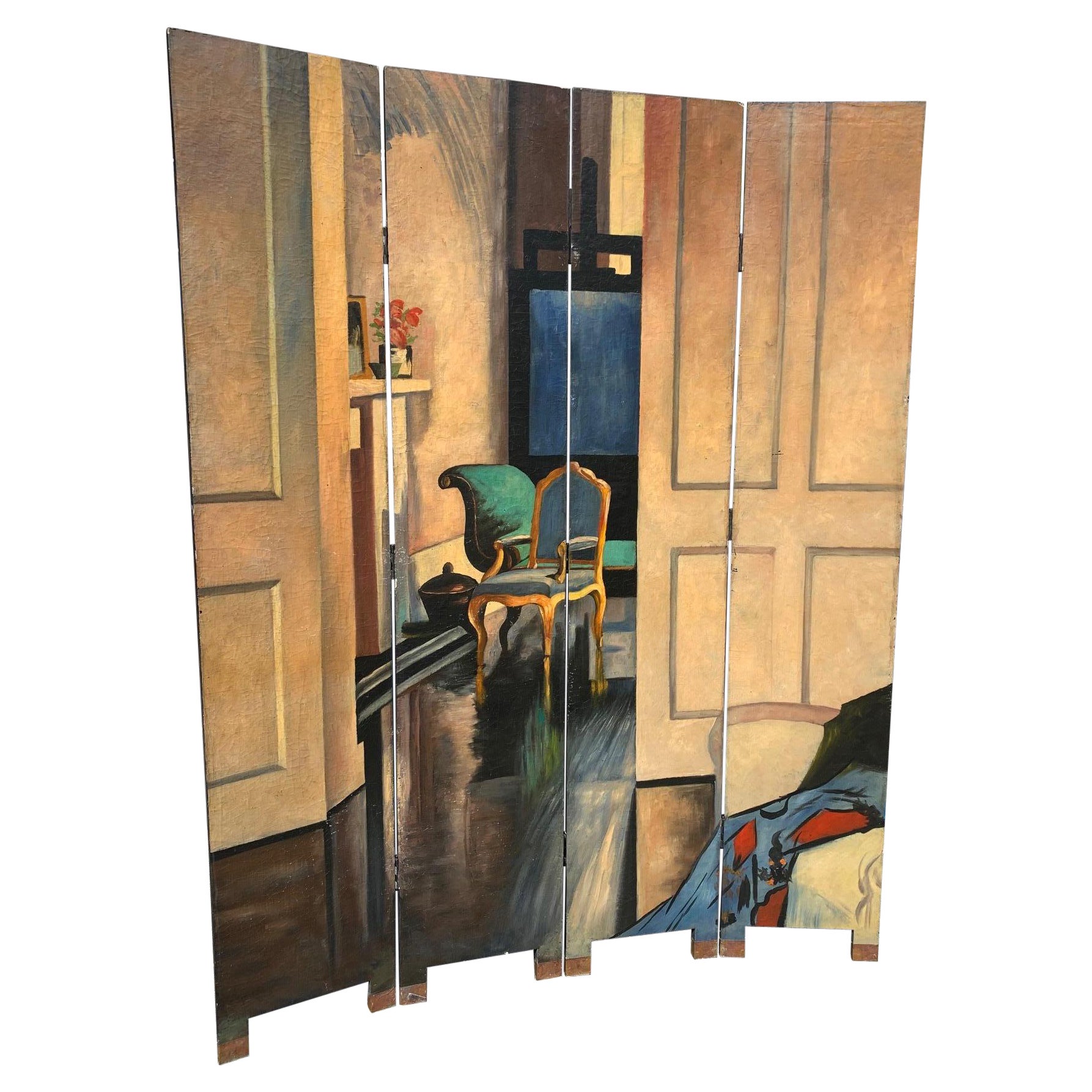 Large Dramatic Hand Painted 4 Panel Screen Room Divider