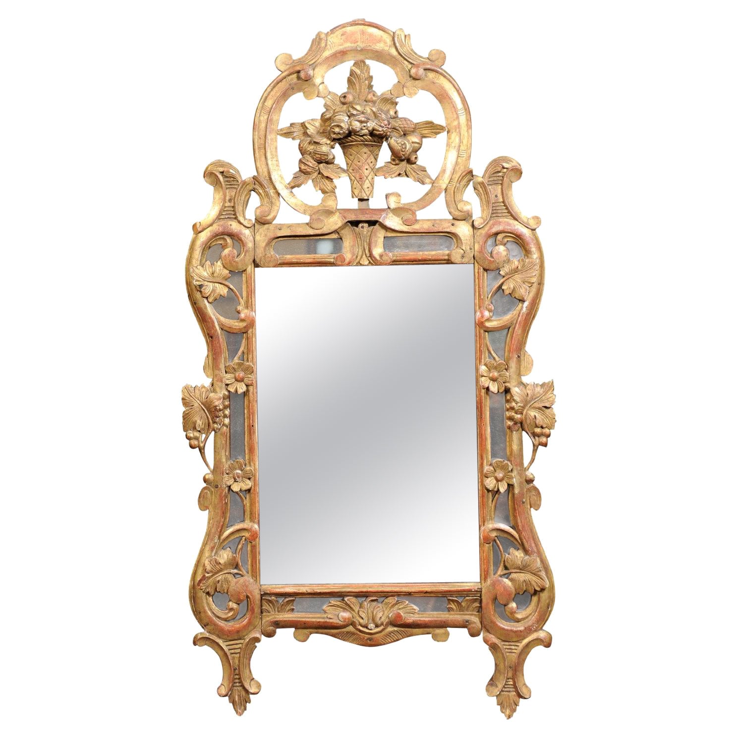 French Regence Style Giltwood Mirror with Carved Urn Crest & Foliage Detail For Sale