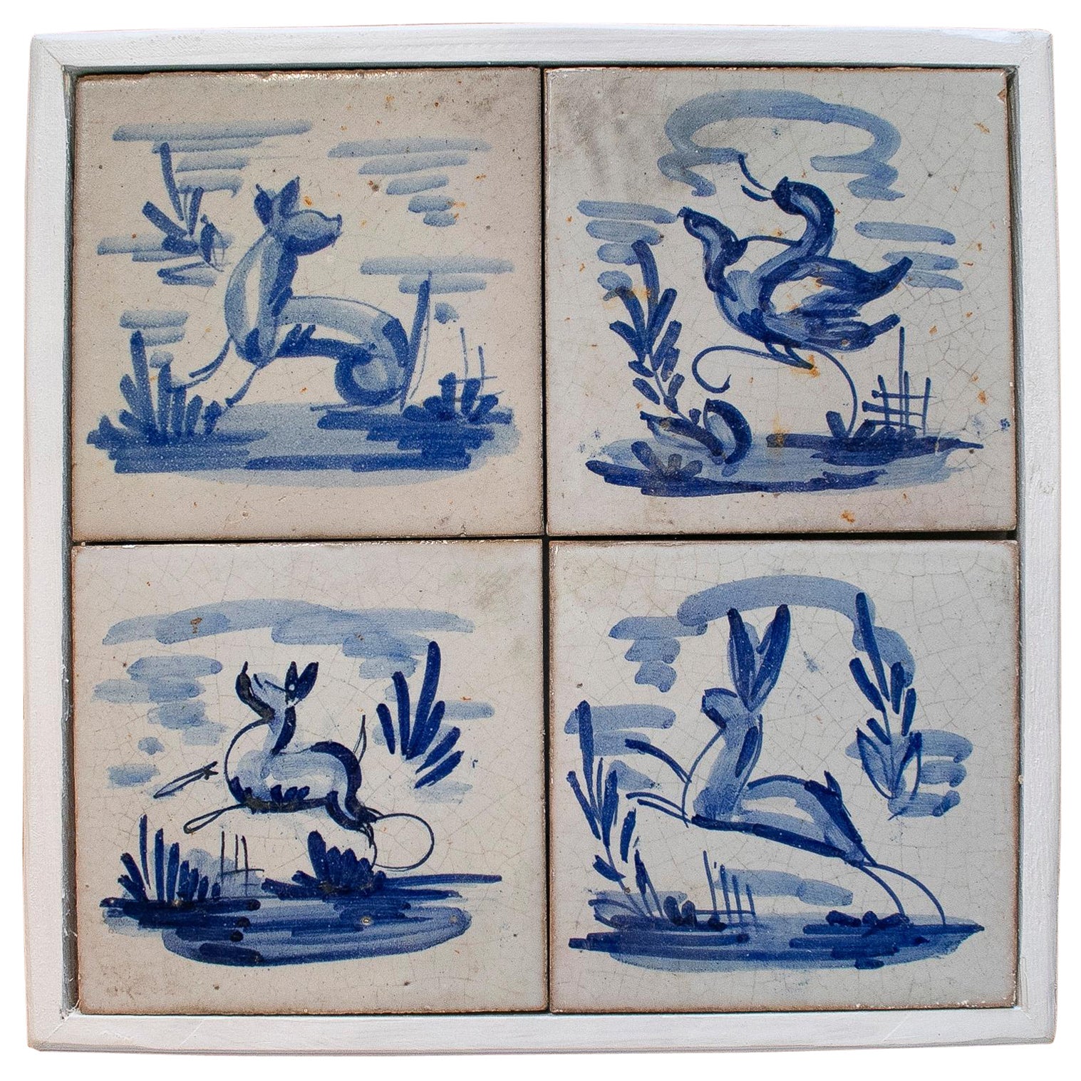 Set of Four 19th Century Dutch Delftware Hand Painted Glazed Ceramic Tiles