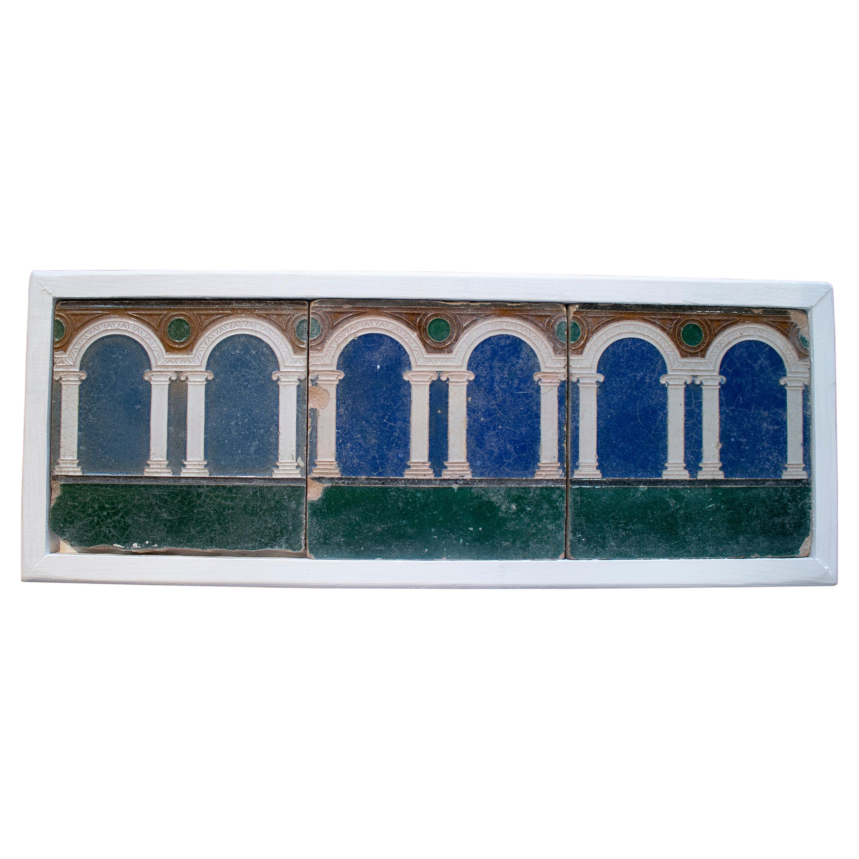 Set of Three 19th Century Spanish Hand Painted Glazed Ceramic Tiles w/ Arches