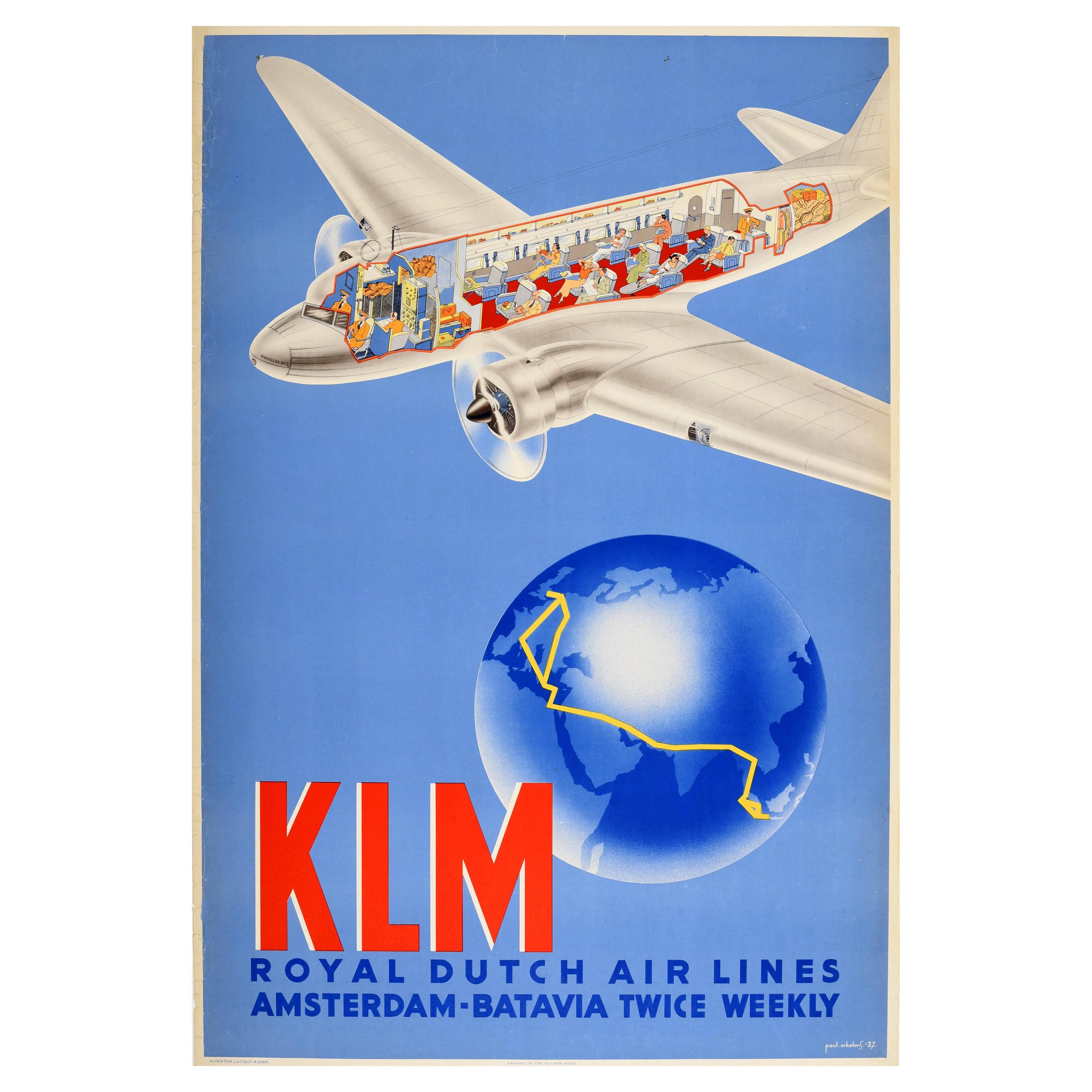 Original Vintage Poster KLM Royal Dutch Air Lines Amsterdam Batavia Douglas DC-3