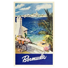 Original Vintage Travel Poster Bermuda Island Ocean View Sailing Beach Cycling