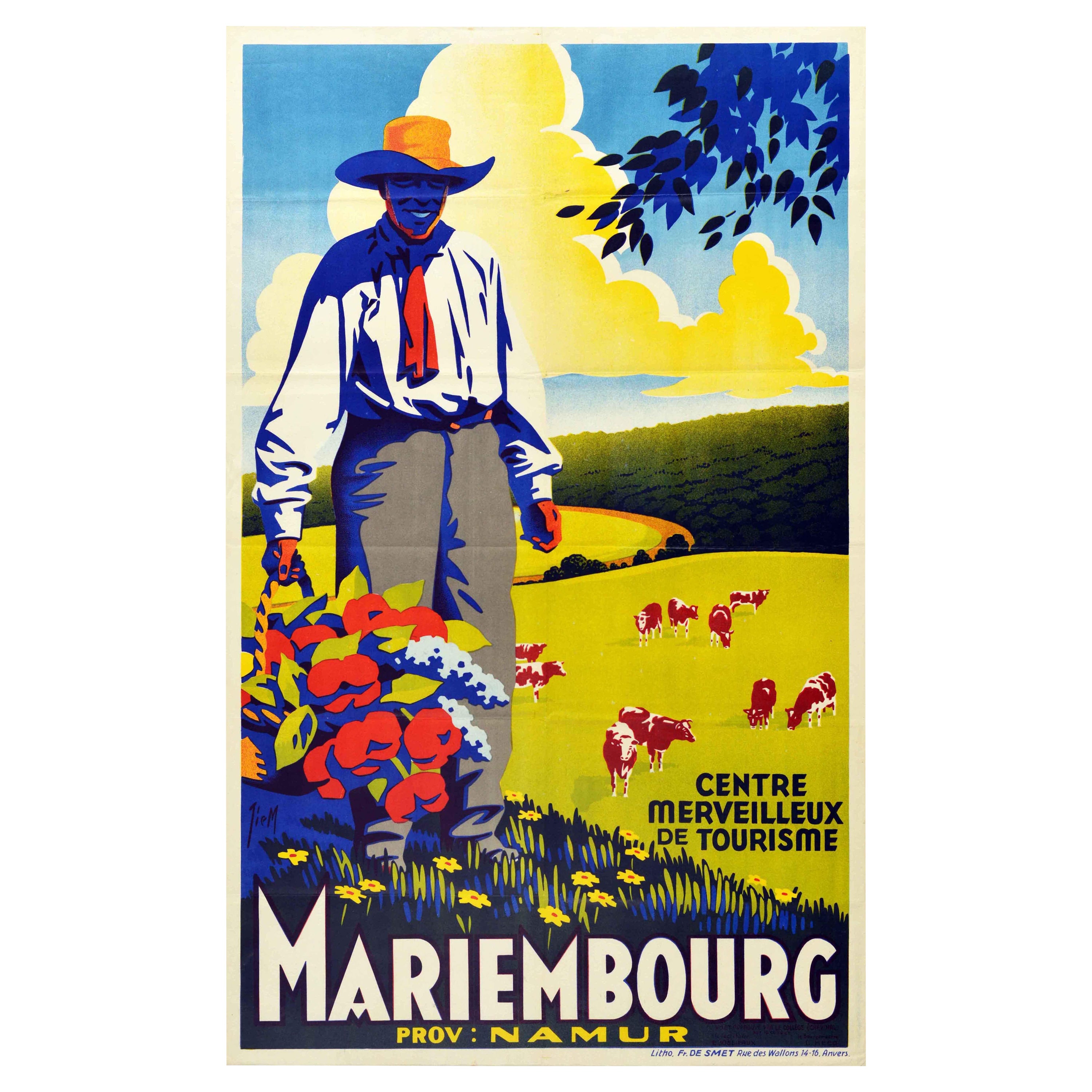 Original Vintage Travel Poster For Mariembourg Namur Belgium Flowers Countryside