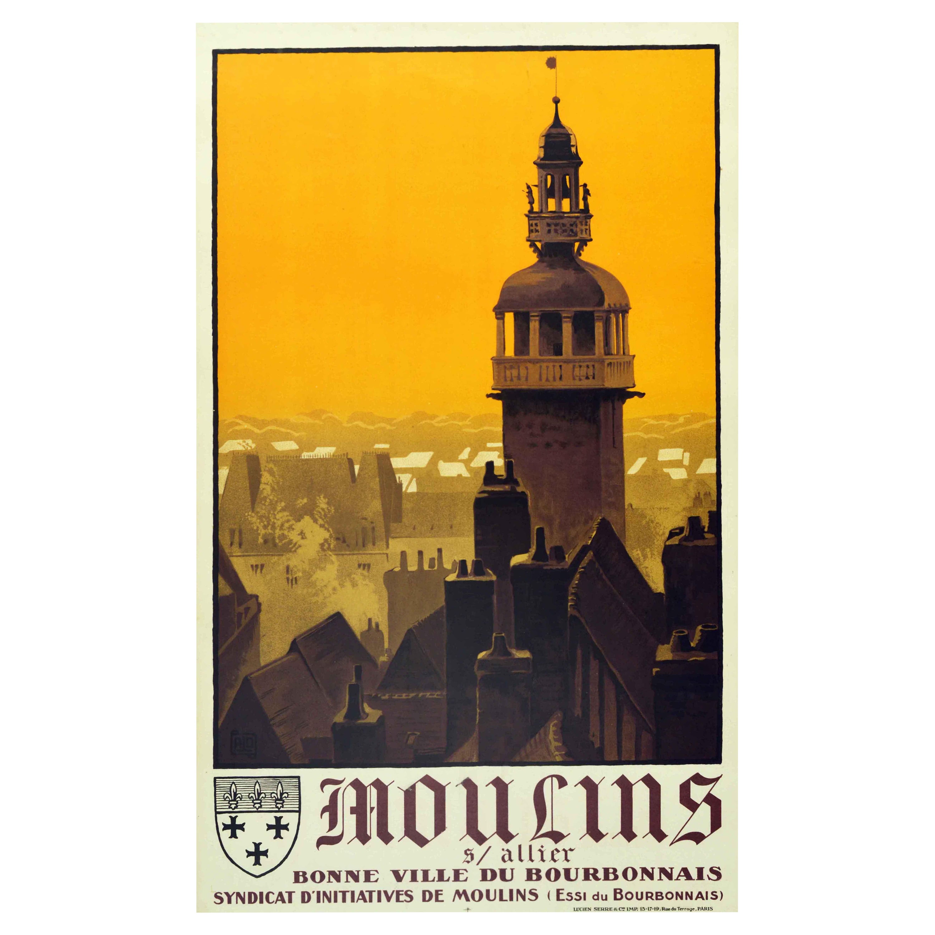 Original Vintage PLM Railway Poster Moulins Sur Allier Jacquemart Bell Tower Art