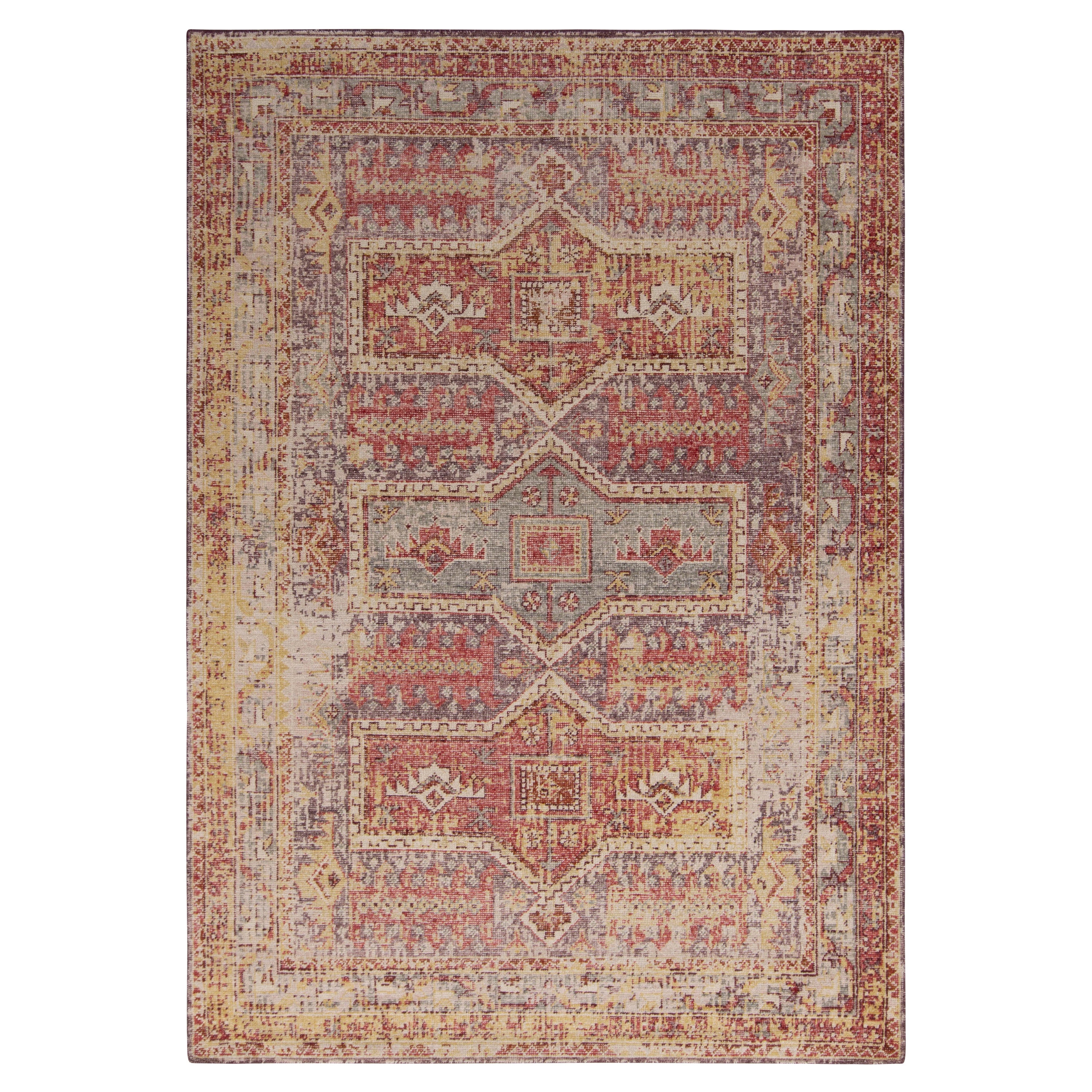 Rug & Kilim’s Distressed Style Custom Rug in Blue, Red, Yellow Tribal Pattern