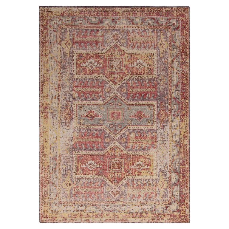 Rug & Kilim’s Distressed Style Custom Rug in Blue, Red, Yellow Tribal Pattern For Sale