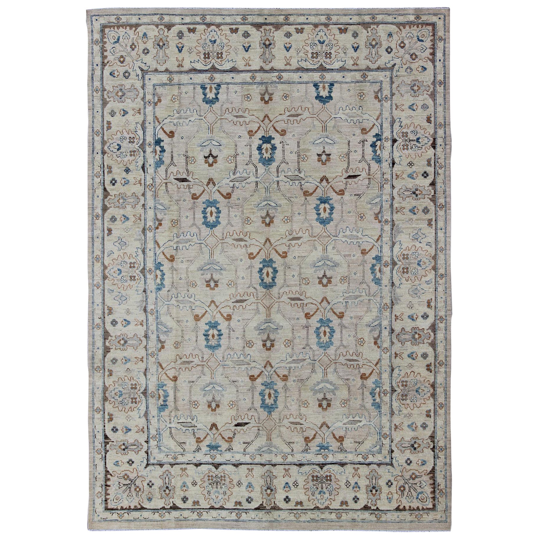 Khotan Design Rug with All-Over Geometric Pattern in Blush, Brown, Tan, and Blue For Sale