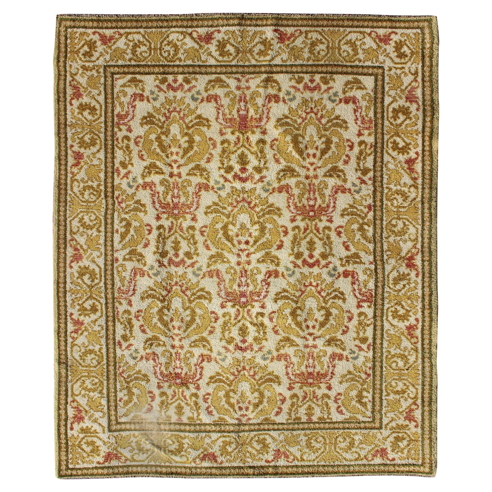 Antique Spanish Rug with Floral Yellow Green, Light Brown, Acid Green and Coral For Sale