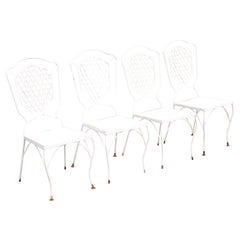 Vintage Mid Century White Wrought Iron Garden Patio Dining Chairs, Set of 4