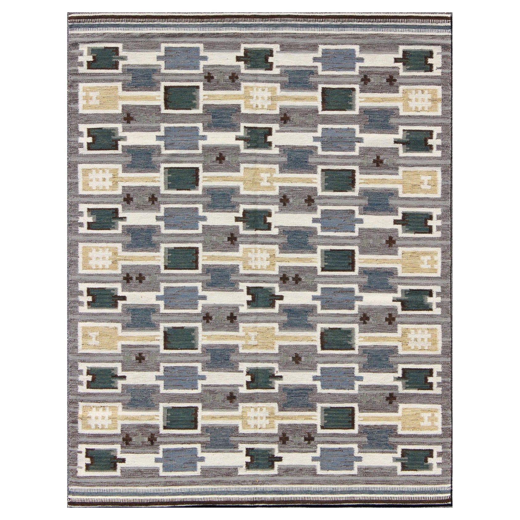 Geometric Design Scandinavian Flat-Weave Design with in Green, Gray, Lt. Yellow