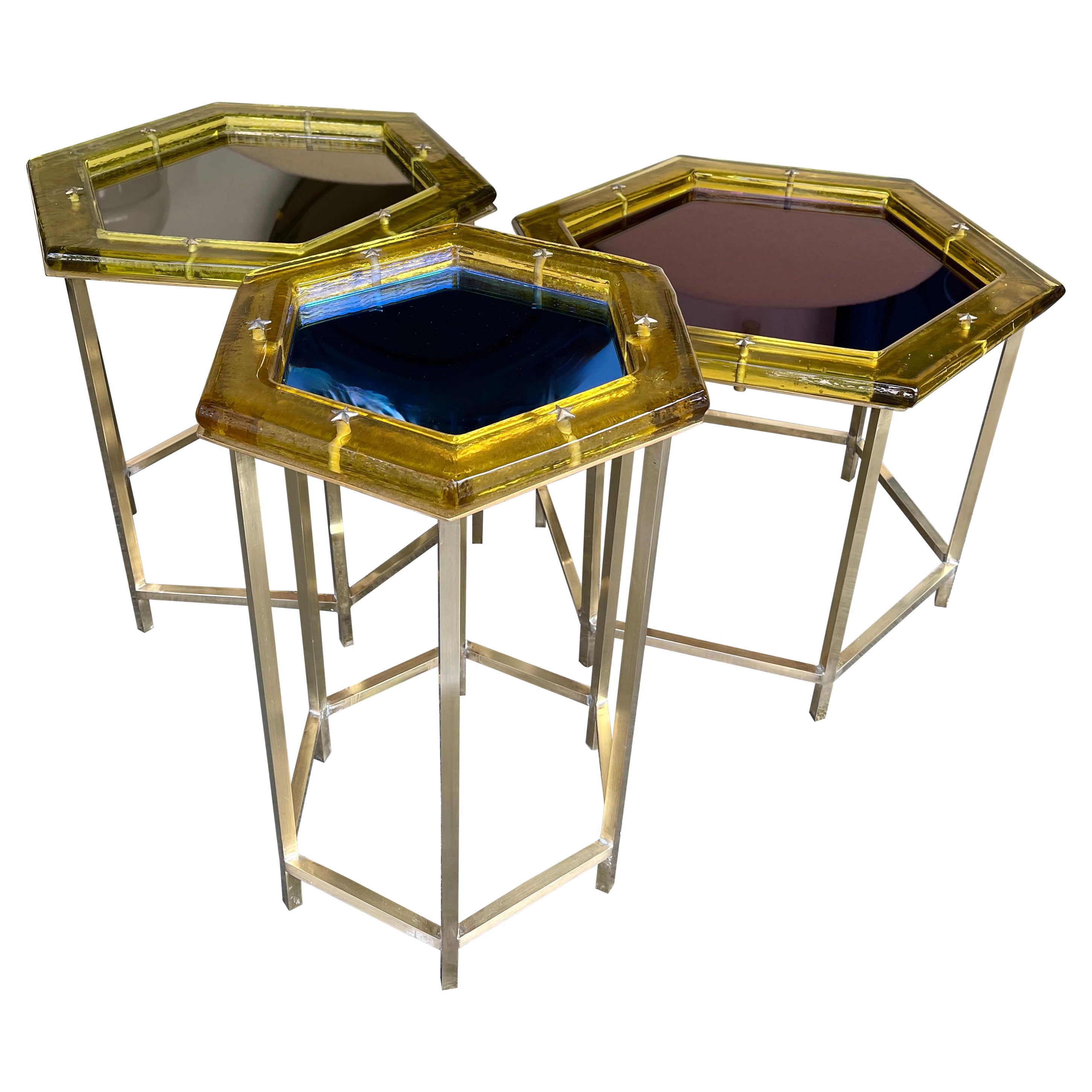 Contemporary Set of Brass Murano Glass Nesting Tables, Italy