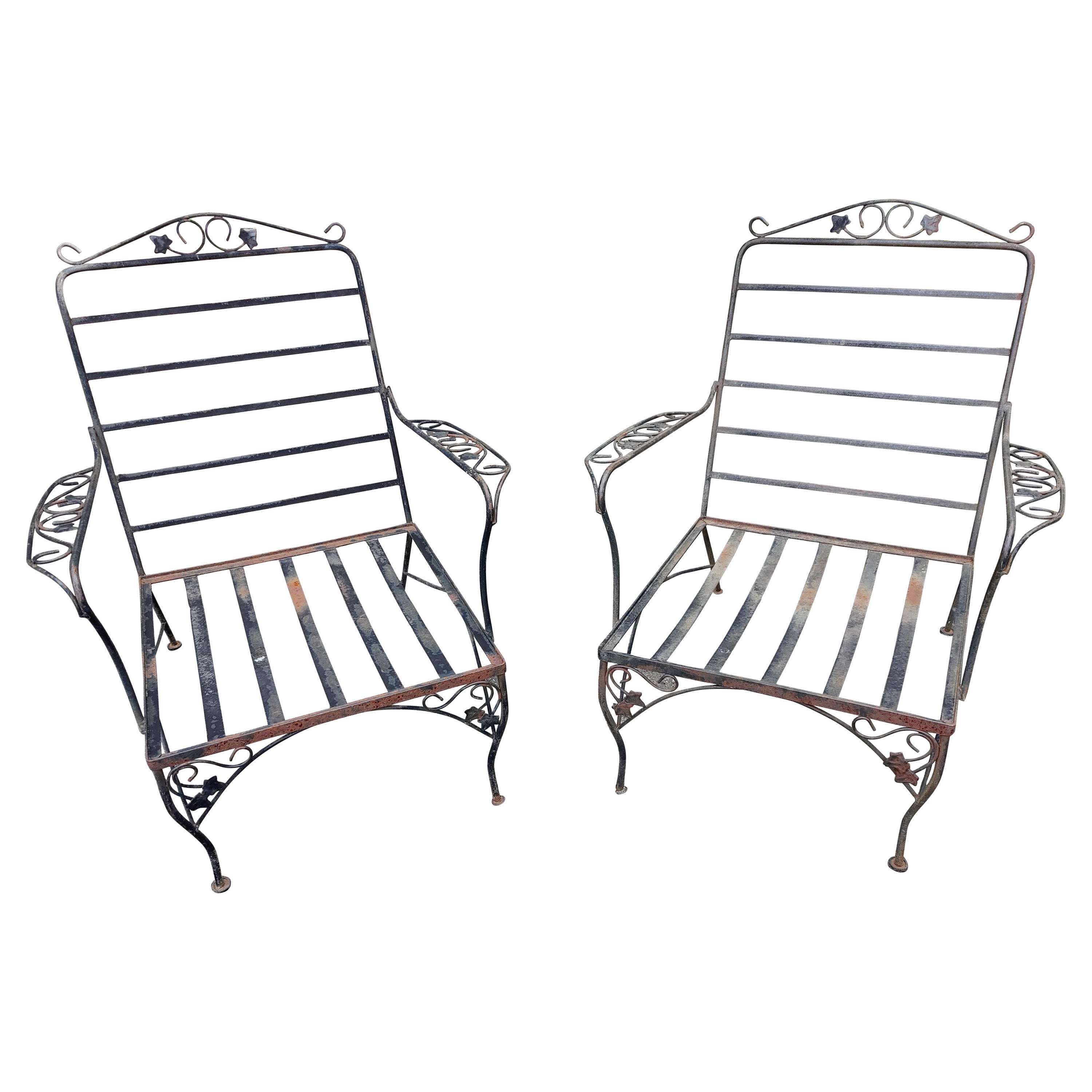 Pr. Romantic Art Deco Garden Patio Metal Strap Lounge Chairs For Sale