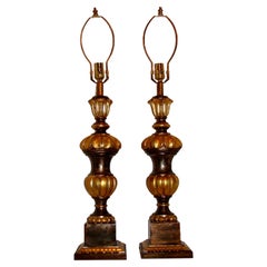 Antique Pair of Carved Wood Table Lamps