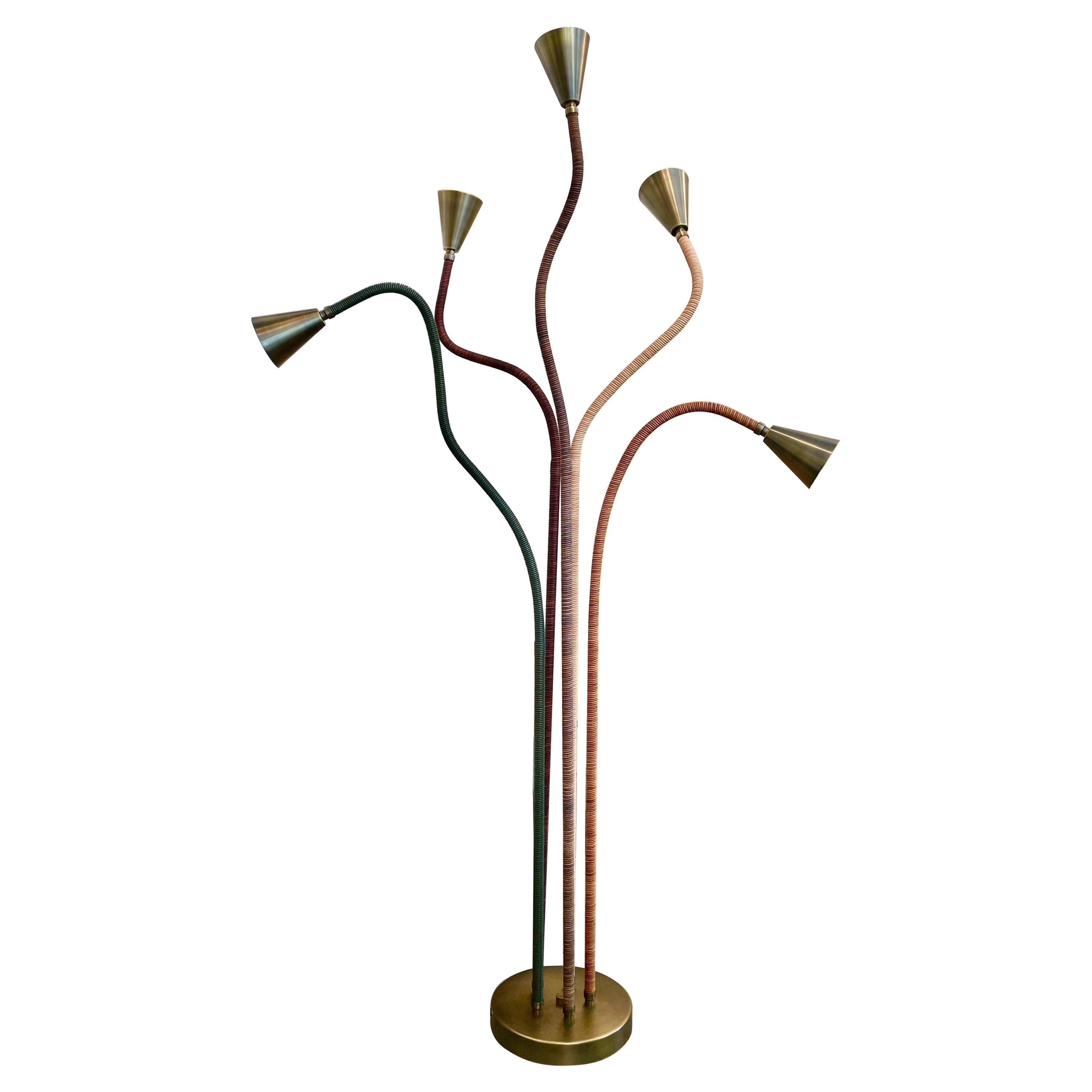 "Tree Pose" Leather and Brass Adjustable Floor Lamp For Sale