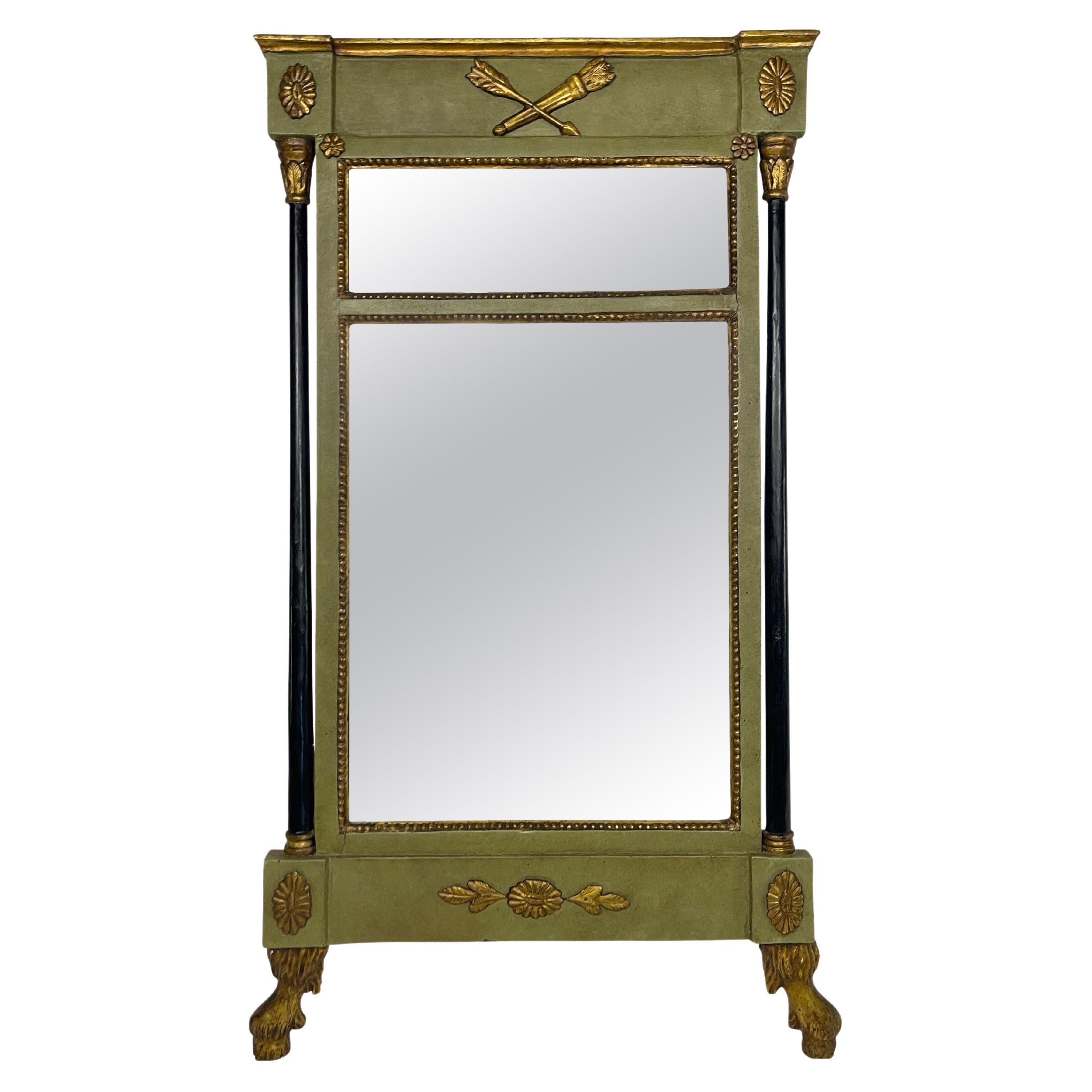 Green Painted Continental Eglomise Mirror with Neoclassical Decoration For Sale