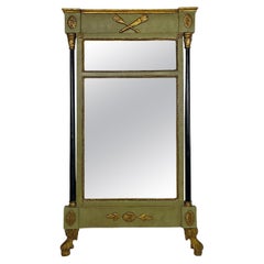 Antique Green Painted Continental Eglomise Mirror with Neoclassical Decoration