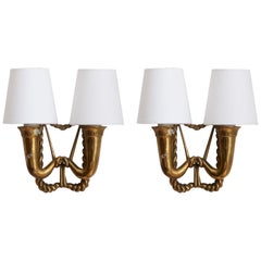 Italian, Organic Wall Lights / Sconces, Brass, Fabric Italy, 1940s